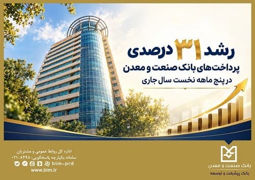 رشد ۳۱ درصدی پرداخت‌های بانك صنعت و معدن در پنج ‌ماهه نخست سال جاری